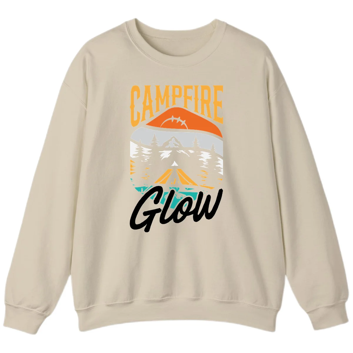 Campfire glow camping design with tent, mountain, pine trees and sunset illustration in orange, gold and teal colors in Sand