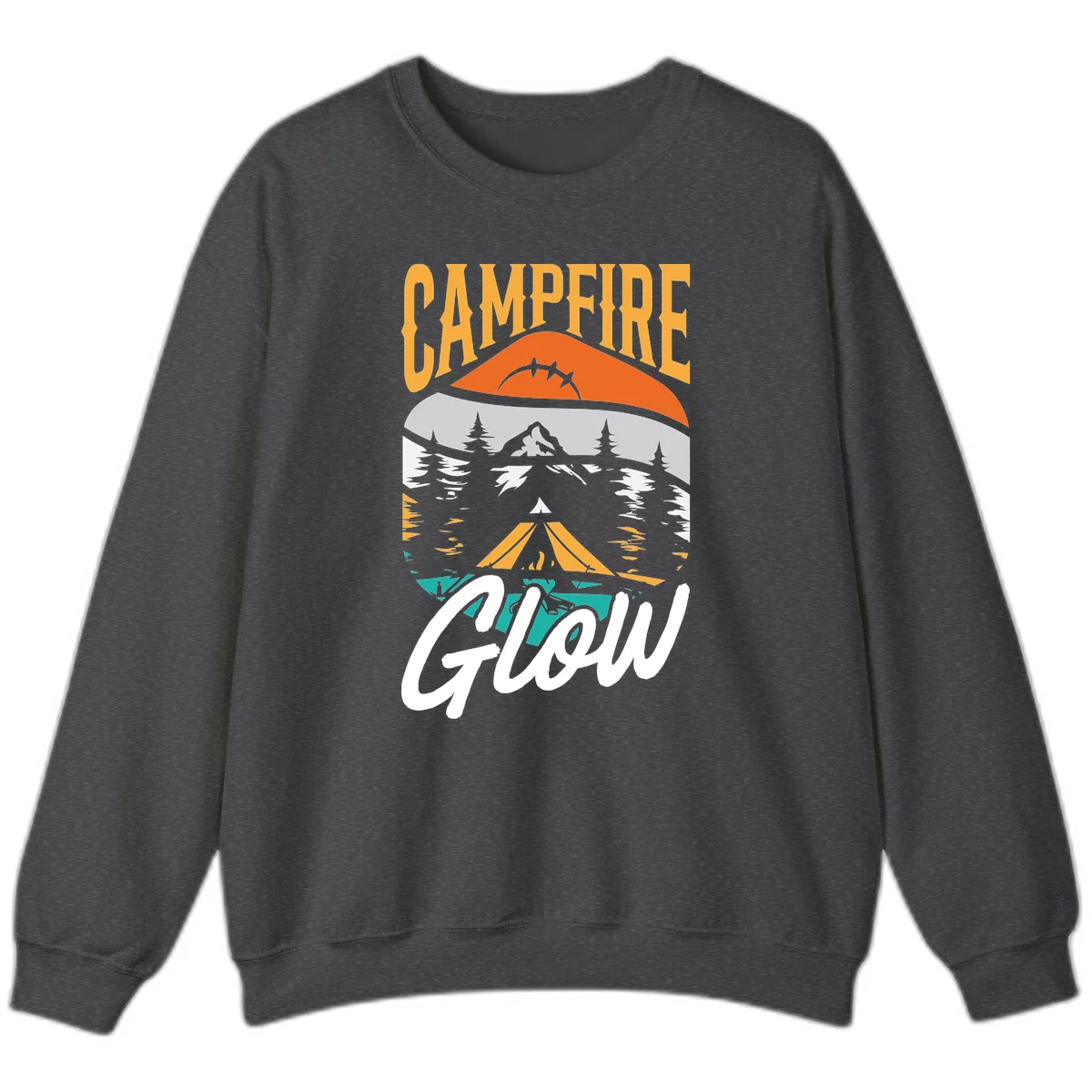 Campfire glow camping design with tent, mountain, pine trees and sunset illustration in orange, gold and teal colors in Dark Heather