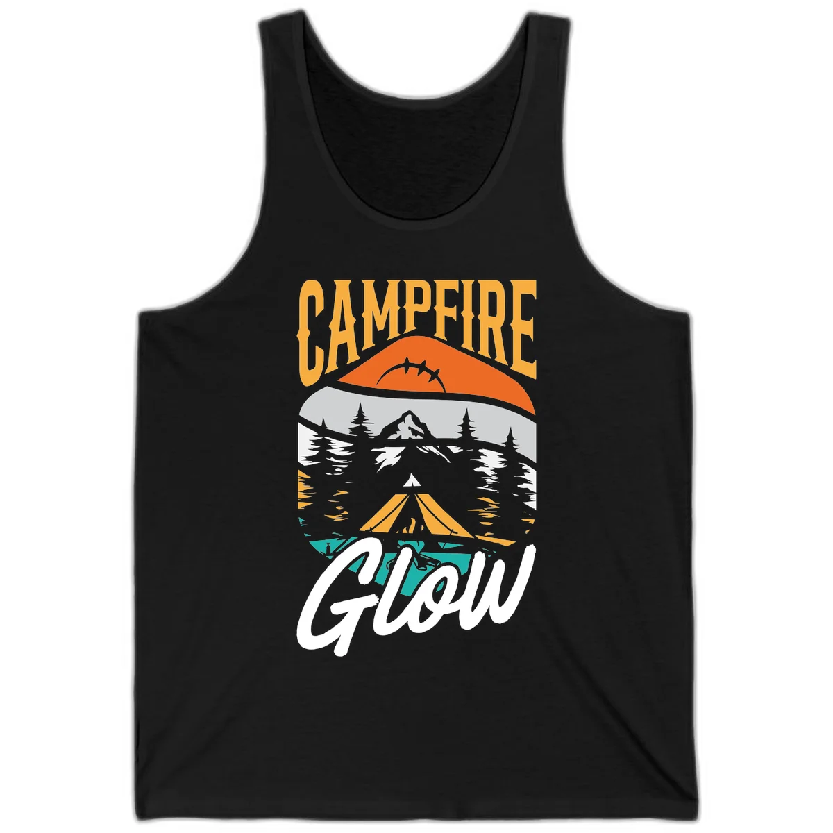 Campfire glow camping design with tent, mountain, pine trees and sunset illustration in orange, gold and teal colors in Black