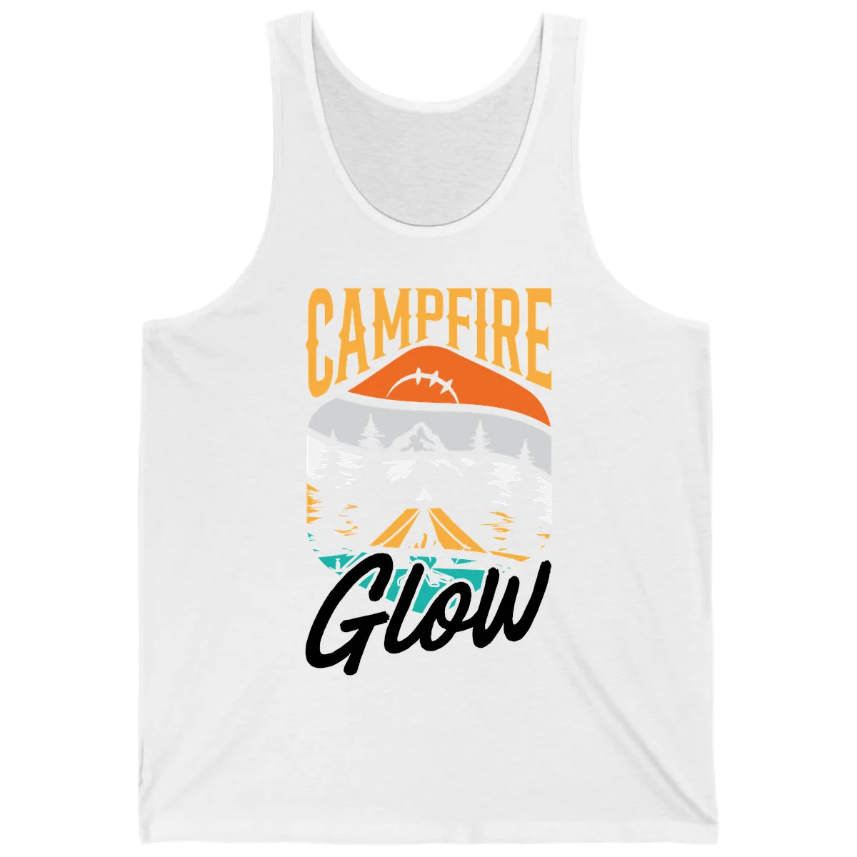 Campfire glow camping design with tent, mountain, pine trees and sunset illustration in orange, gold and teal colors in White