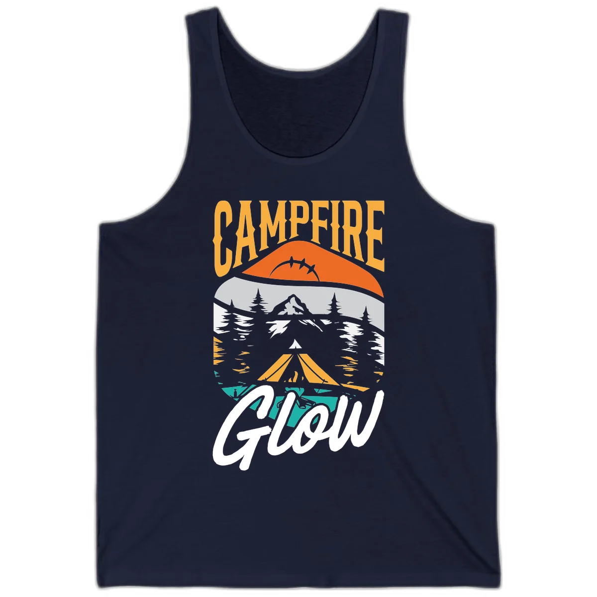 Campfire glow camping design with tent, mountain, pine trees and sunset illustration in orange, gold and teal colors in Navy
