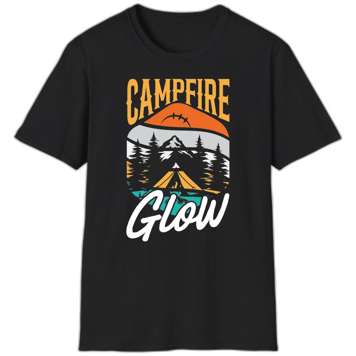 Campfire glow camping design with tent, mountain, pine trees and sunset illustration in orange, gold and teal colors in Black