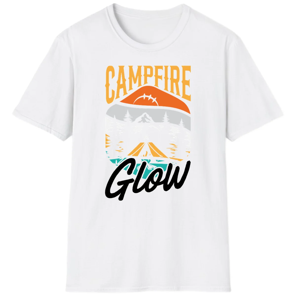 Campfire glow camping design with tent, mountain, pine trees and sunset illustration in orange, gold and teal colors in White