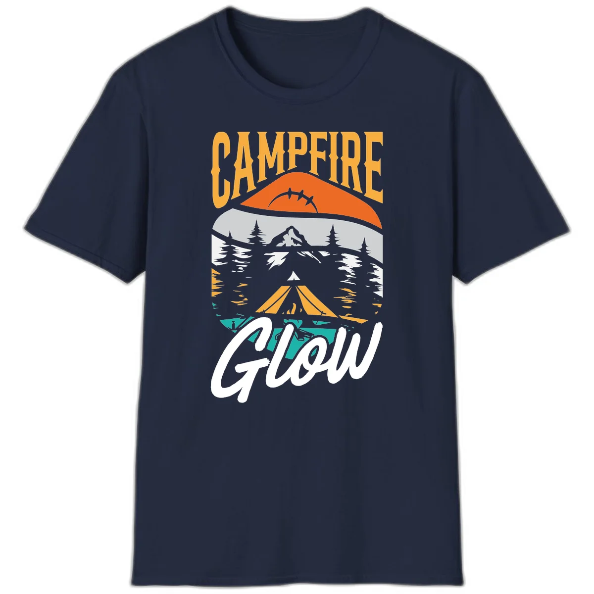 Campfire glow camping design with tent, mountain, pine trees and sunset illustration in orange, gold and teal colors in Navy