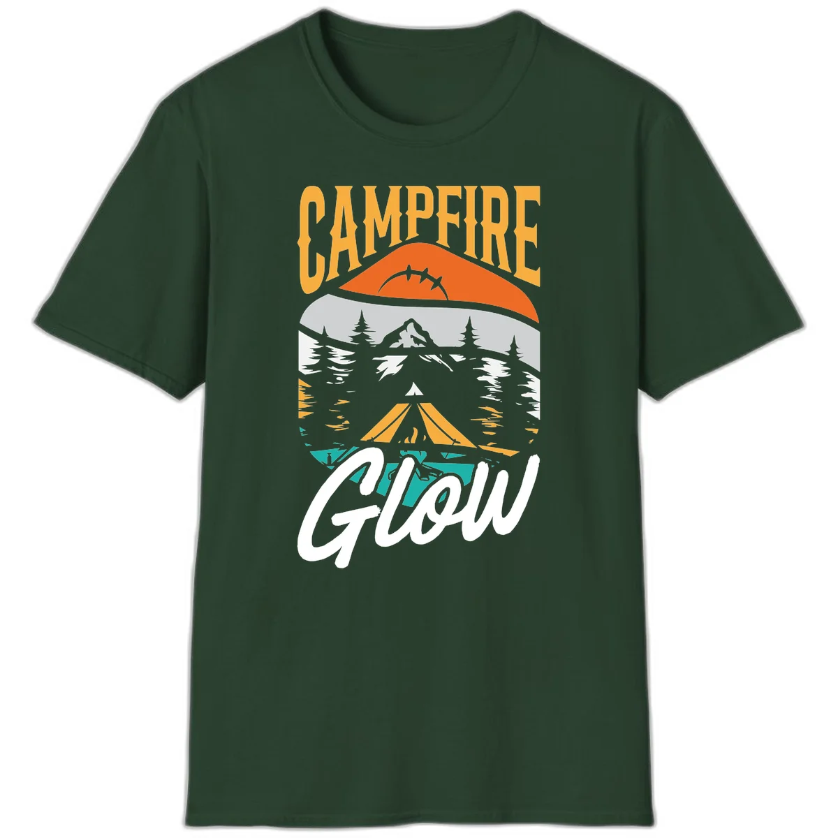Campfire glow camping design with tent, mountain, pine trees and sunset illustration in orange, gold and teal colors in Forest Green