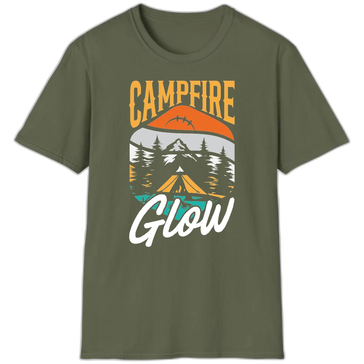 Campfire glow camping design with tent, mountain, pine trees and sunset illustration in orange, gold and teal colors in Military Green