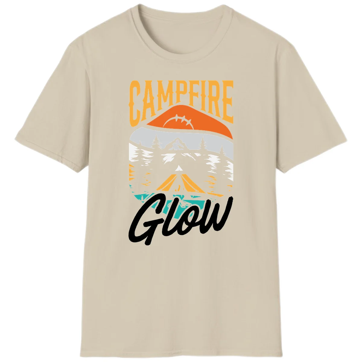 Campfire glow camping design with tent, mountain, pine trees and sunset illustration in orange, gold and teal colors in Sand