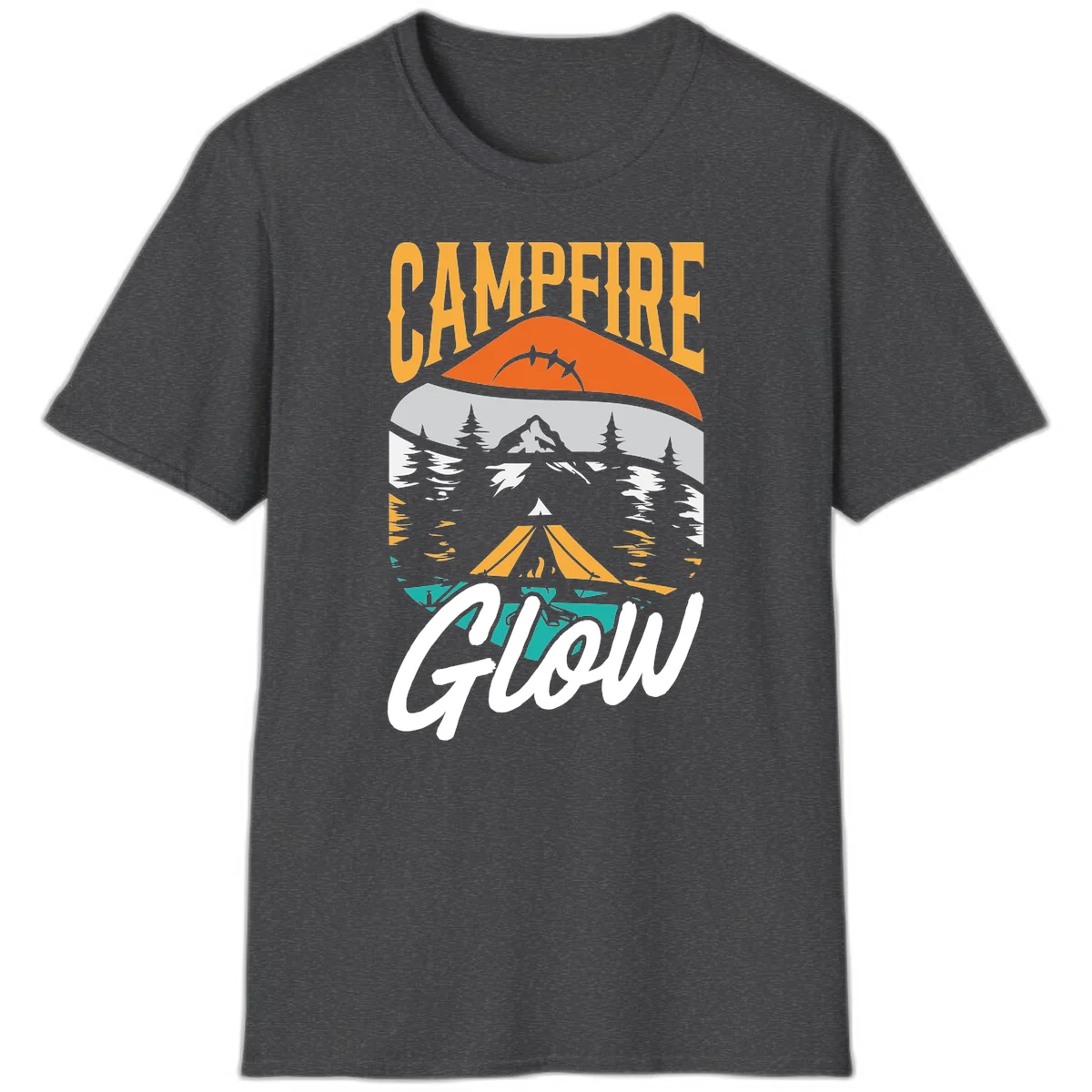 Campfire glow camping design with tent, mountain, pine trees and sunset illustration in orange, gold and teal colors in Dark Heather