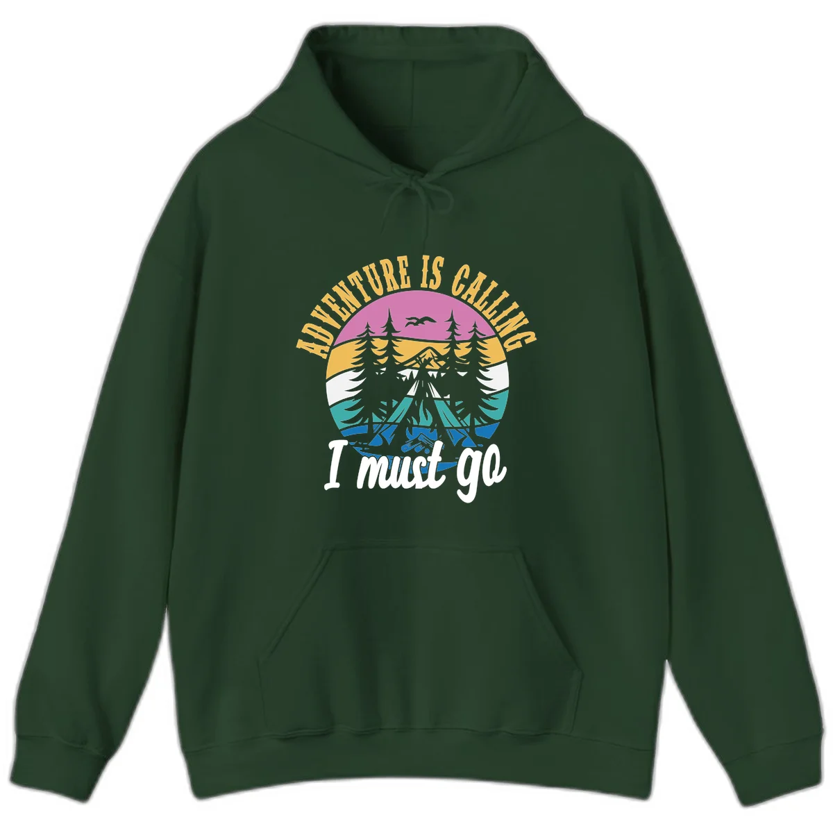 Circular badge with mountain landscape, evergreen trees, and flying birds in pink, gold, white, teal and blue with text 'Adventure Is Calling I Must Go' in Forest Green