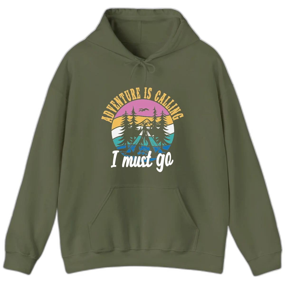 Circular badge with mountain landscape, evergreen trees, and flying birds in pink, gold, white, teal and blue with text 'Adventure Is Calling I Must Go' in Military Green