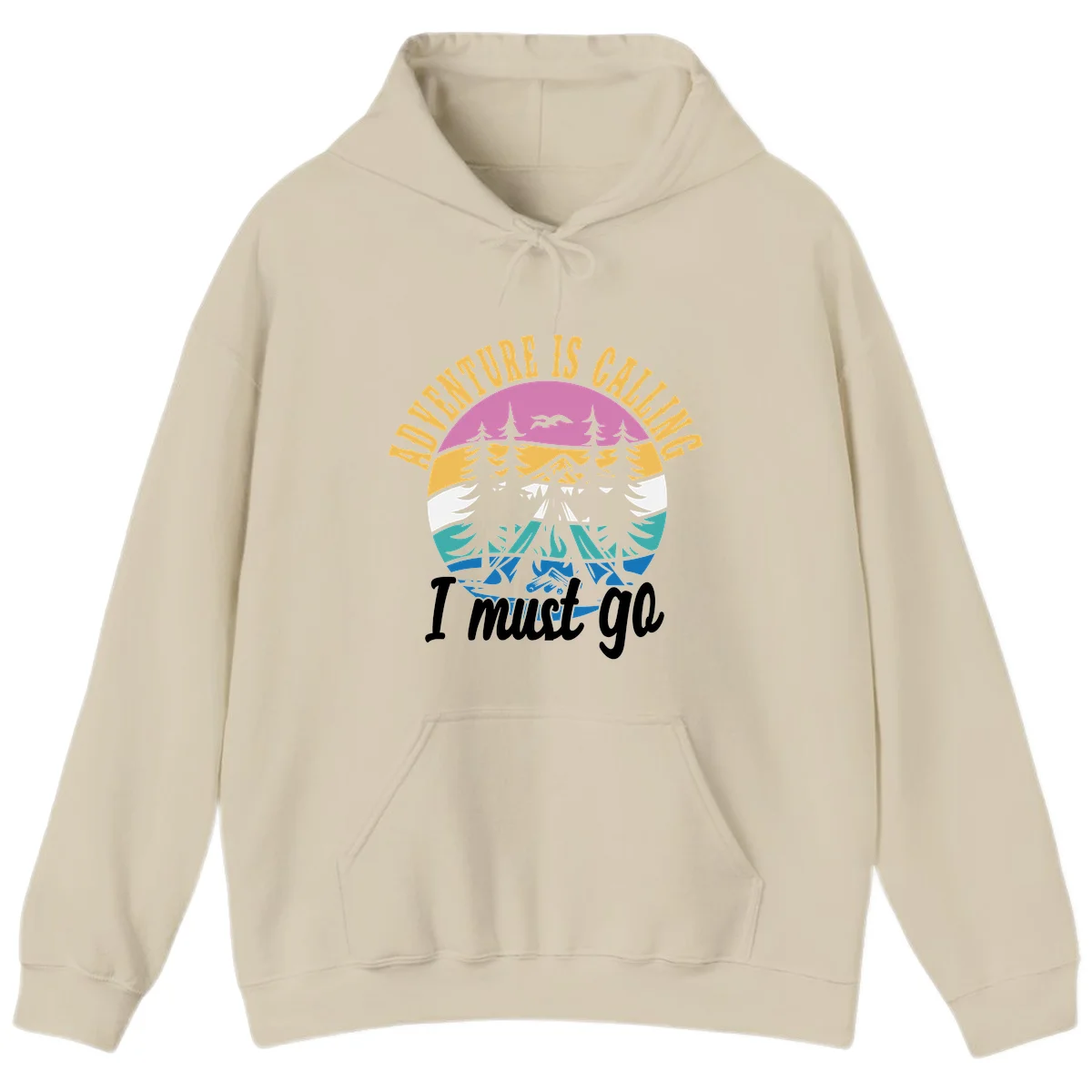 Circular badge with mountain landscape, evergreen trees, and flying birds in pink, gold, white, teal and blue with text 'Adventure Is Calling I Must Go' in Sand