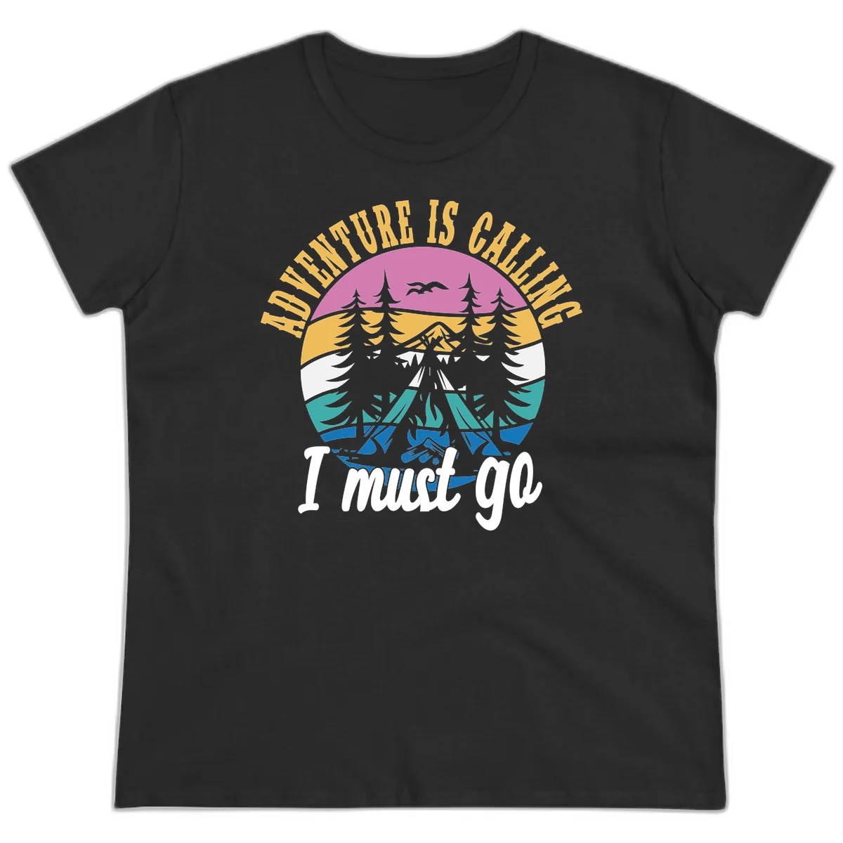Circular badge with mountain landscape, evergreen trees, and flying birds in pink, gold, white, teal and blue with text 'Adventure Is Calling I Must Go' in Black