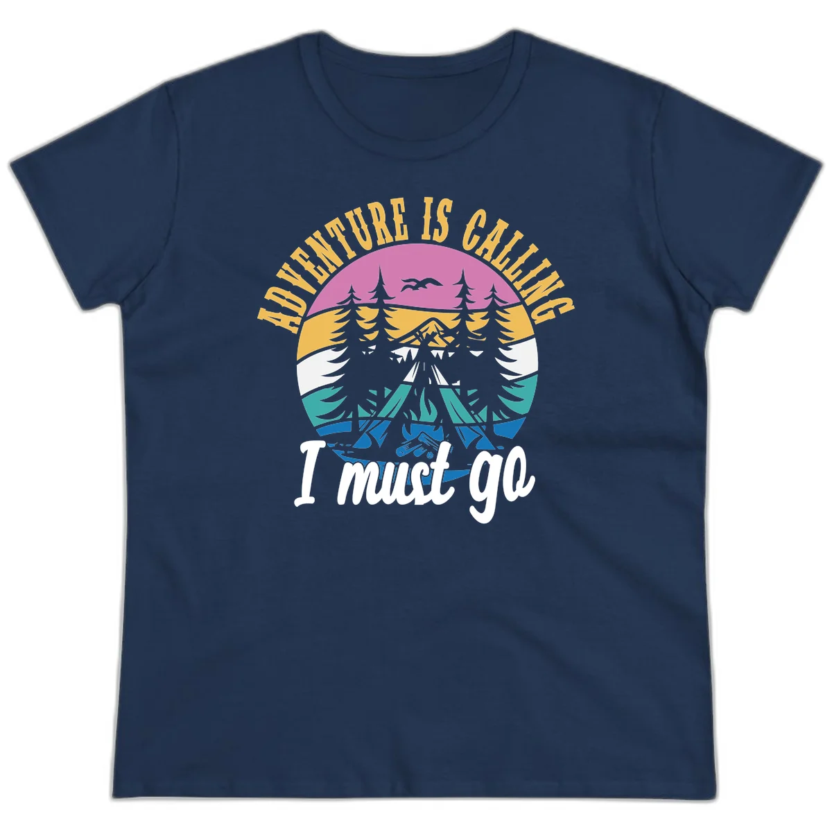 Circular badge with mountain landscape, evergreen trees, and flying birds in pink, gold, white, teal and blue with text 'Adventure Is Calling I Must Go' in Navy
