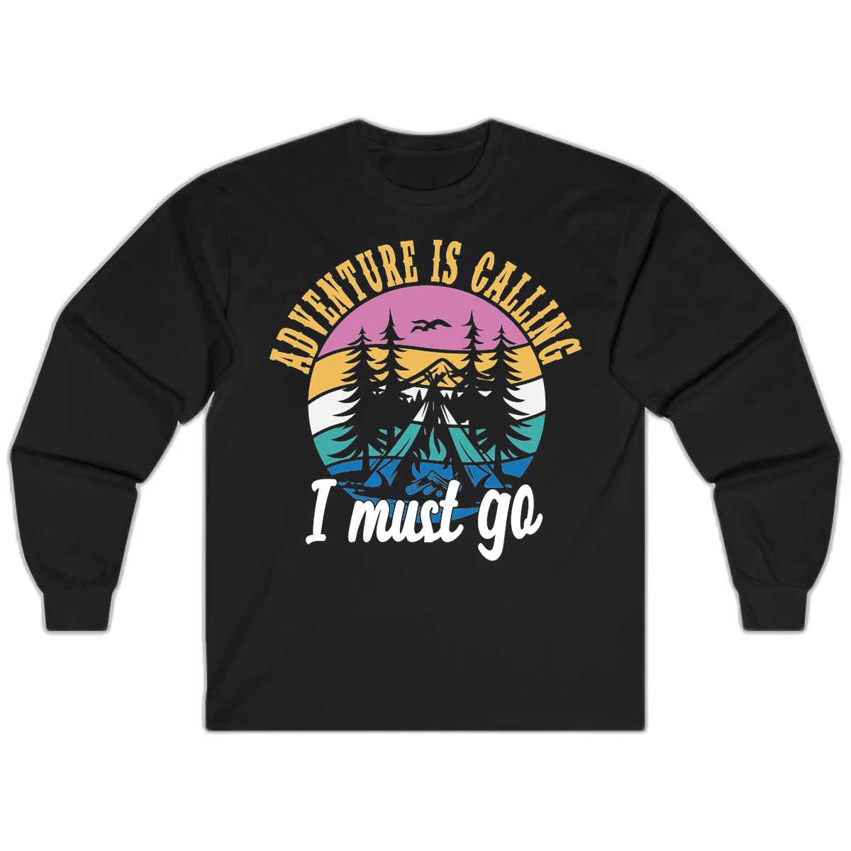 Circular badge with mountain landscape, evergreen trees, and flying birds in pink, gold, white, teal and blue with text 'Adventure Is Calling I Must Go' in Black