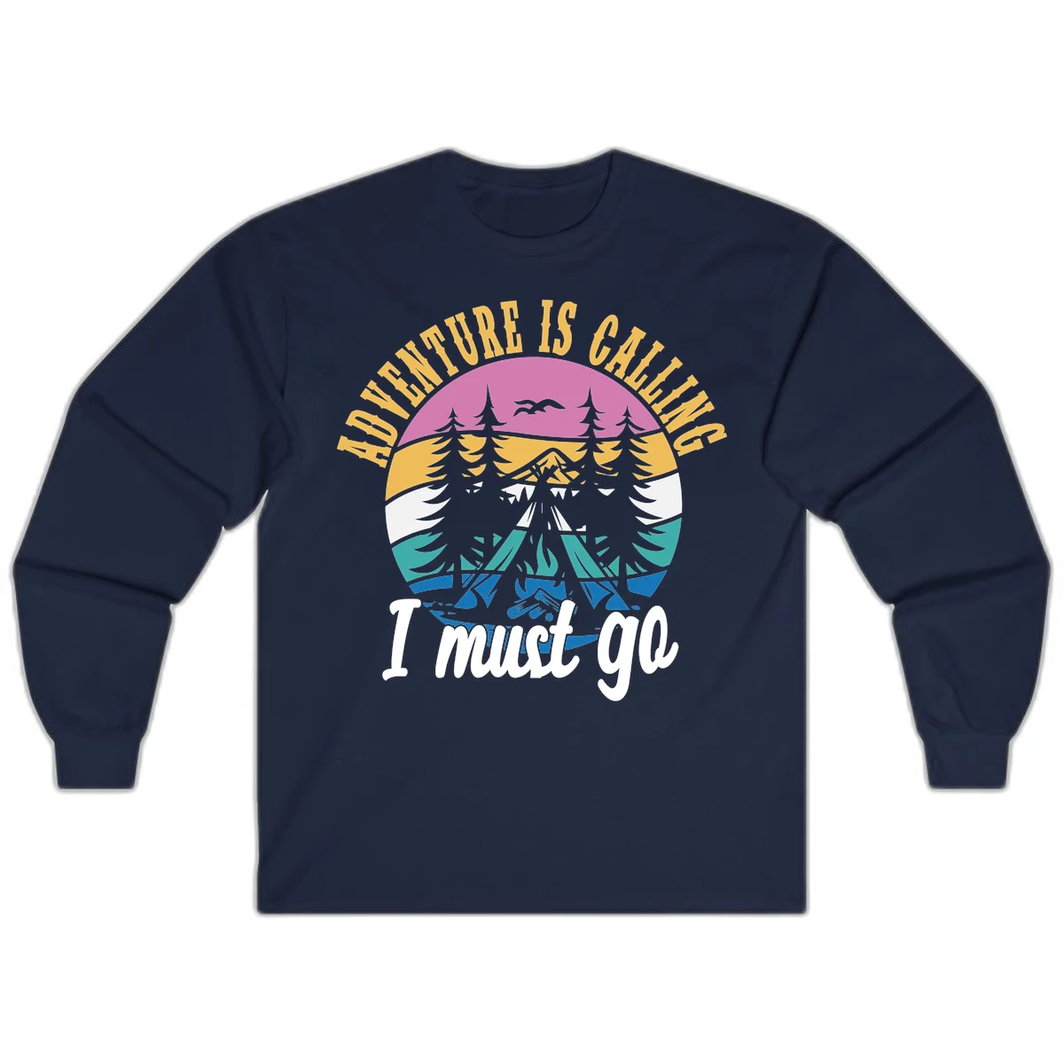 Circular badge with mountain landscape, evergreen trees, and flying birds in pink, gold, white, teal and blue with text 'Adventure Is Calling I Must Go' in Navy