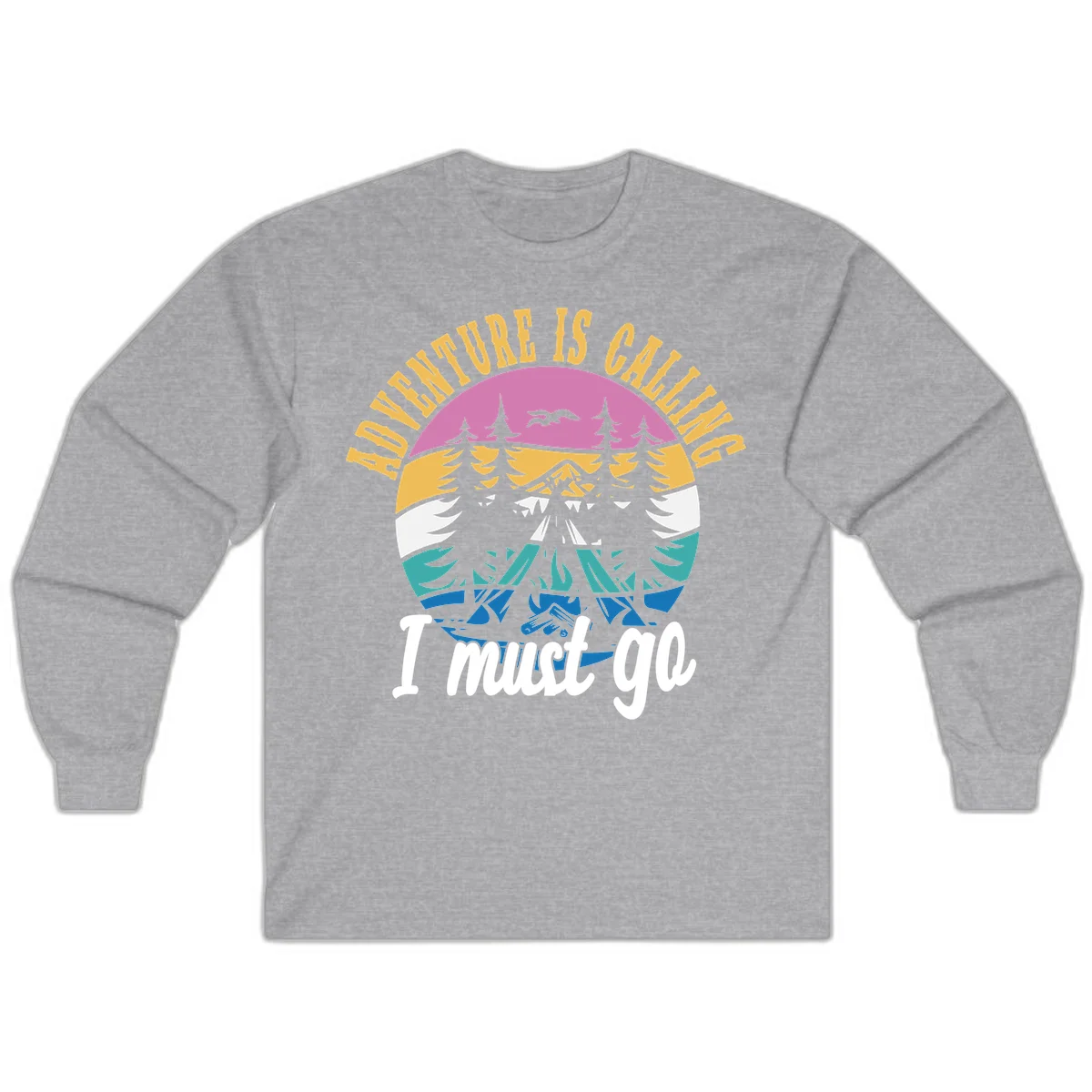 Circular badge with mountain landscape, evergreen trees, and flying birds in pink, gold, white, teal and blue with text 'Adventure Is Calling I Must Go' in Sport Grey