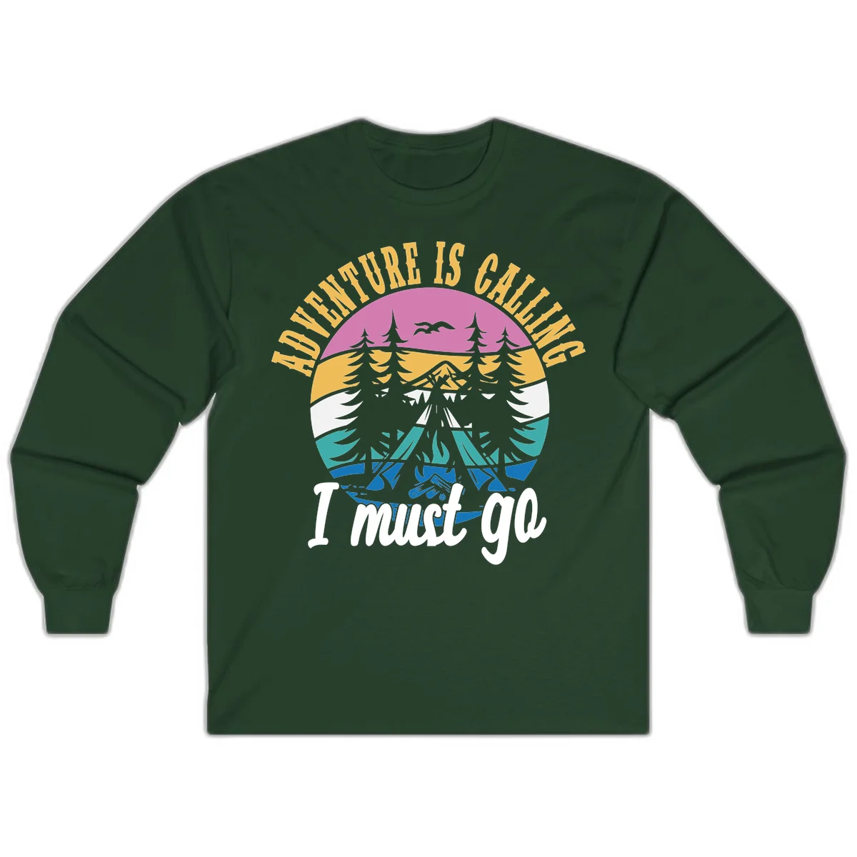 Circular badge with mountain landscape, evergreen trees, and flying birds in pink, gold, white, teal and blue with text 'Adventure Is Calling I Must Go' in Forest Green