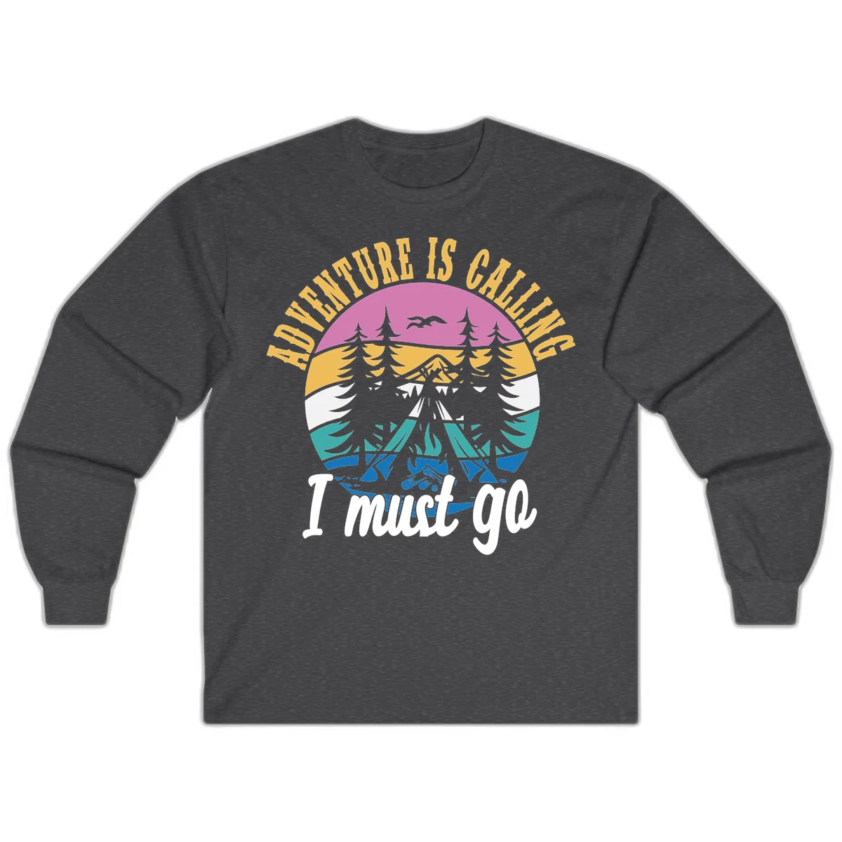 Circular badge with mountain landscape, evergreen trees, and flying birds in pink, gold, white, teal and blue with text 'Adventure Is Calling I Must Go' in Dark Heather