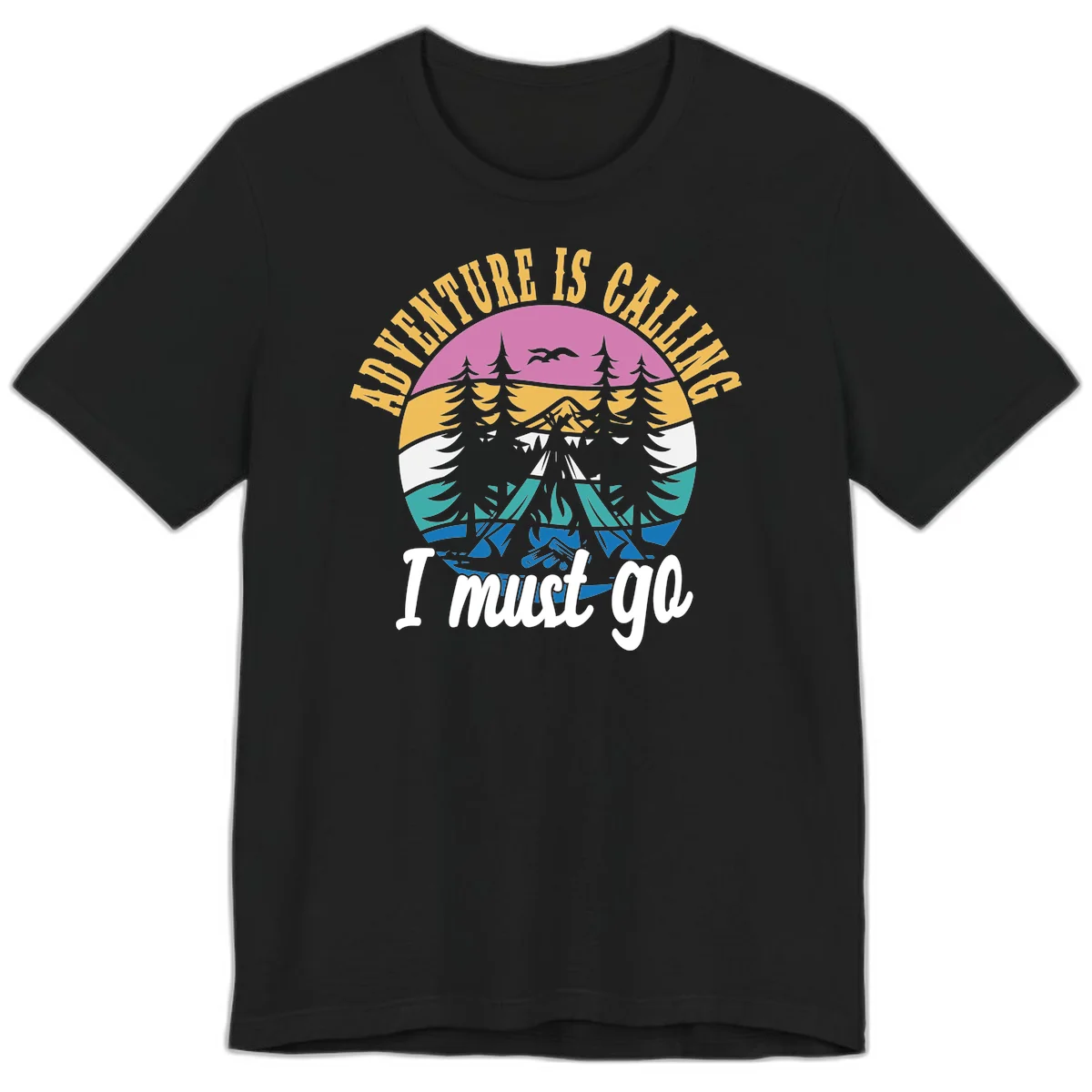 Circular badge with mountain landscape, evergreen trees, and flying birds in pink, gold, white, teal and blue with text 'Adventure Is Calling I Must Go' in Black