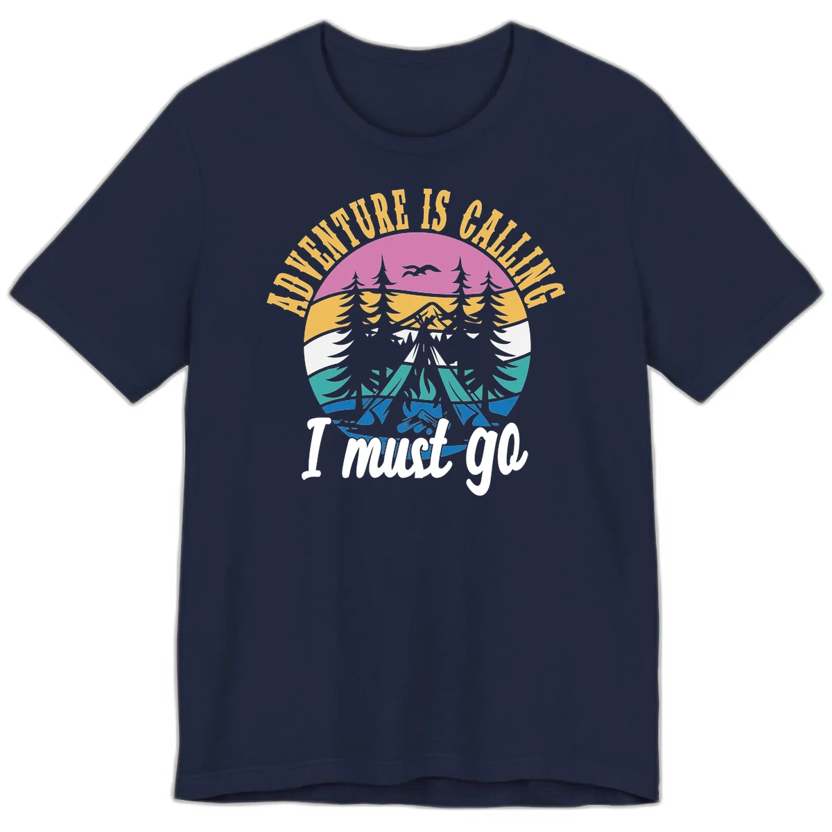 Circular badge with mountain landscape, evergreen trees, and flying birds in pink, gold, white, teal and blue with text 'Adventure Is Calling I Must Go' in Navy