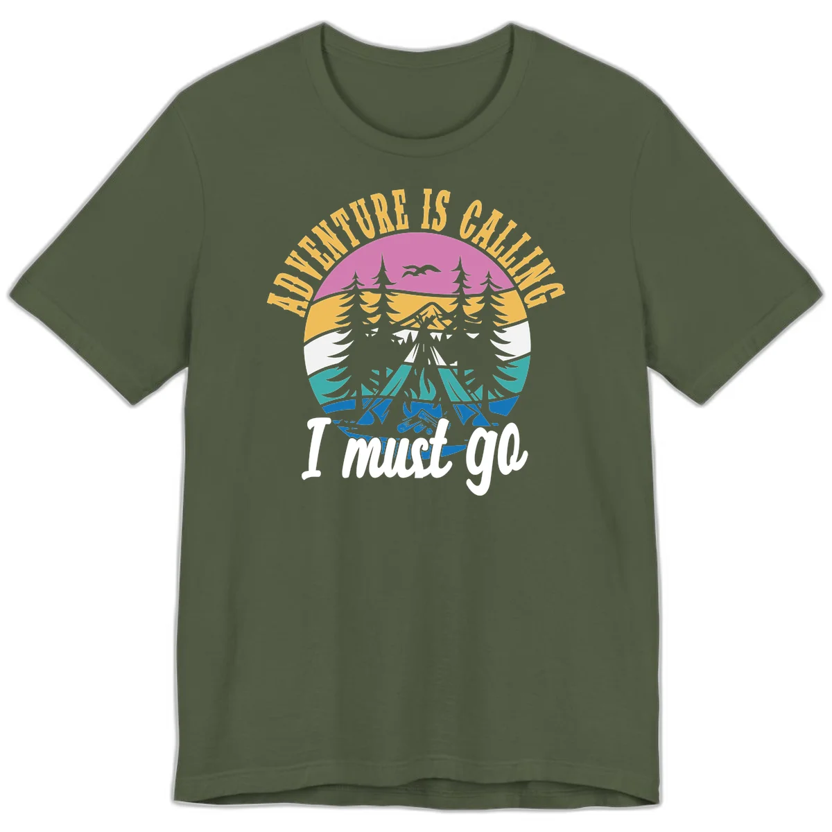 Circular badge with mountain landscape, evergreen trees, and flying birds in pink, gold, white, teal and blue with text 'Adventure Is Calling I Must Go' in Military Green