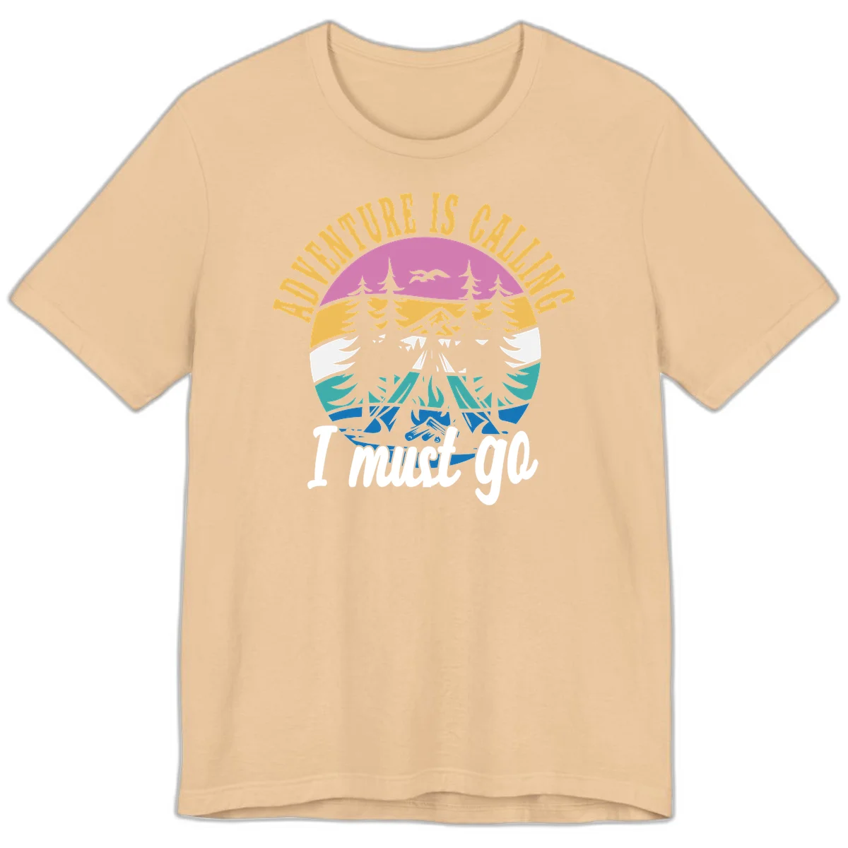 Circular badge with mountain landscape, evergreen trees, and flying birds in pink, gold, white, teal and blue with text 'Adventure Is Calling I Must Go' in Sand Dune
