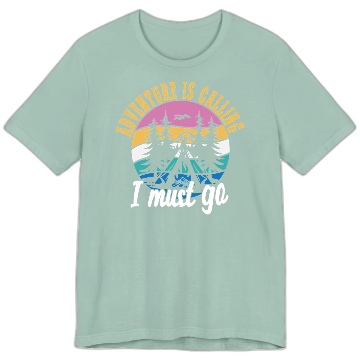 Circular badge with mountain landscape, evergreen trees, and flying birds in pink, gold, white, teal and blue with text 'Adventure Is Calling I Must Go' in Dusty Blue