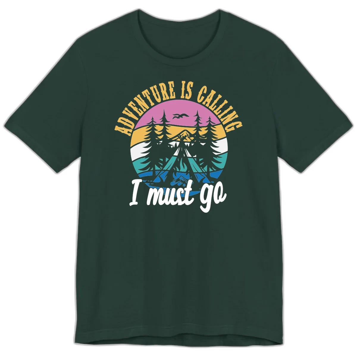 Circular badge with mountain landscape, evergreen trees, and flying birds in pink, gold, white, teal and blue with text 'Adventure Is Calling I Must Go' in Forest
