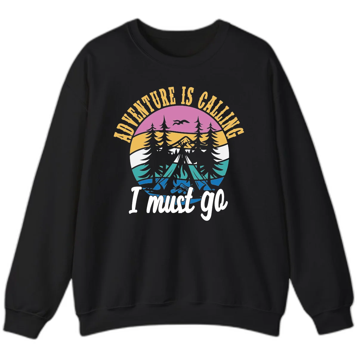 Circular badge with mountain landscape, evergreen trees, and flying birds in pink, gold, white, teal and blue with text 'Adventure Is Calling I Must Go' in Black