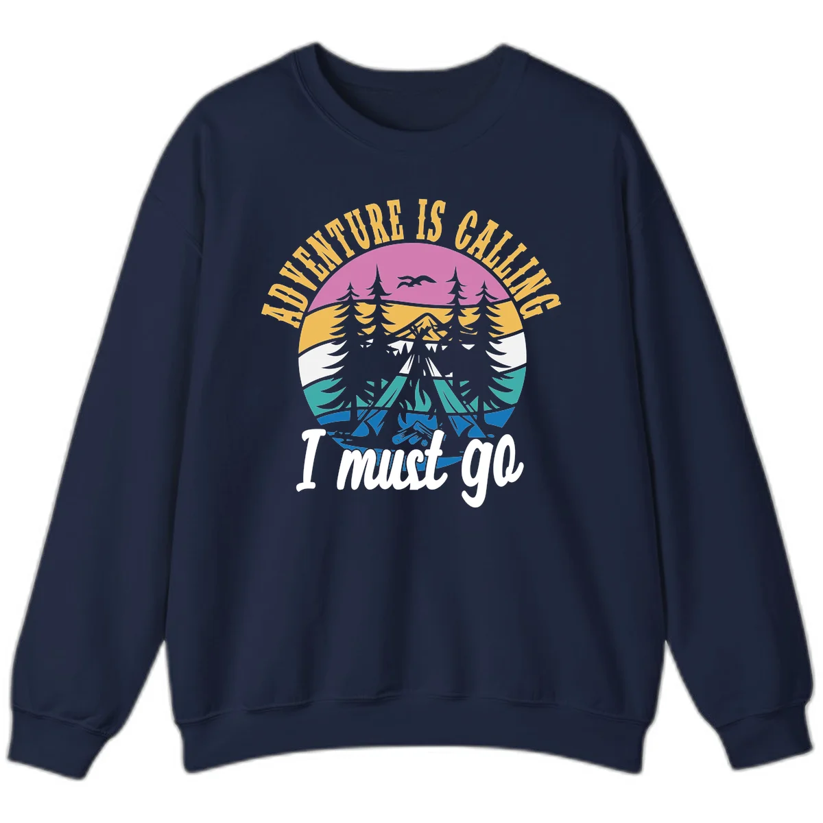 Circular badge with mountain landscape, evergreen trees, and flying birds in pink, gold, white, teal and blue with text 'Adventure Is Calling I Must Go' in Navy