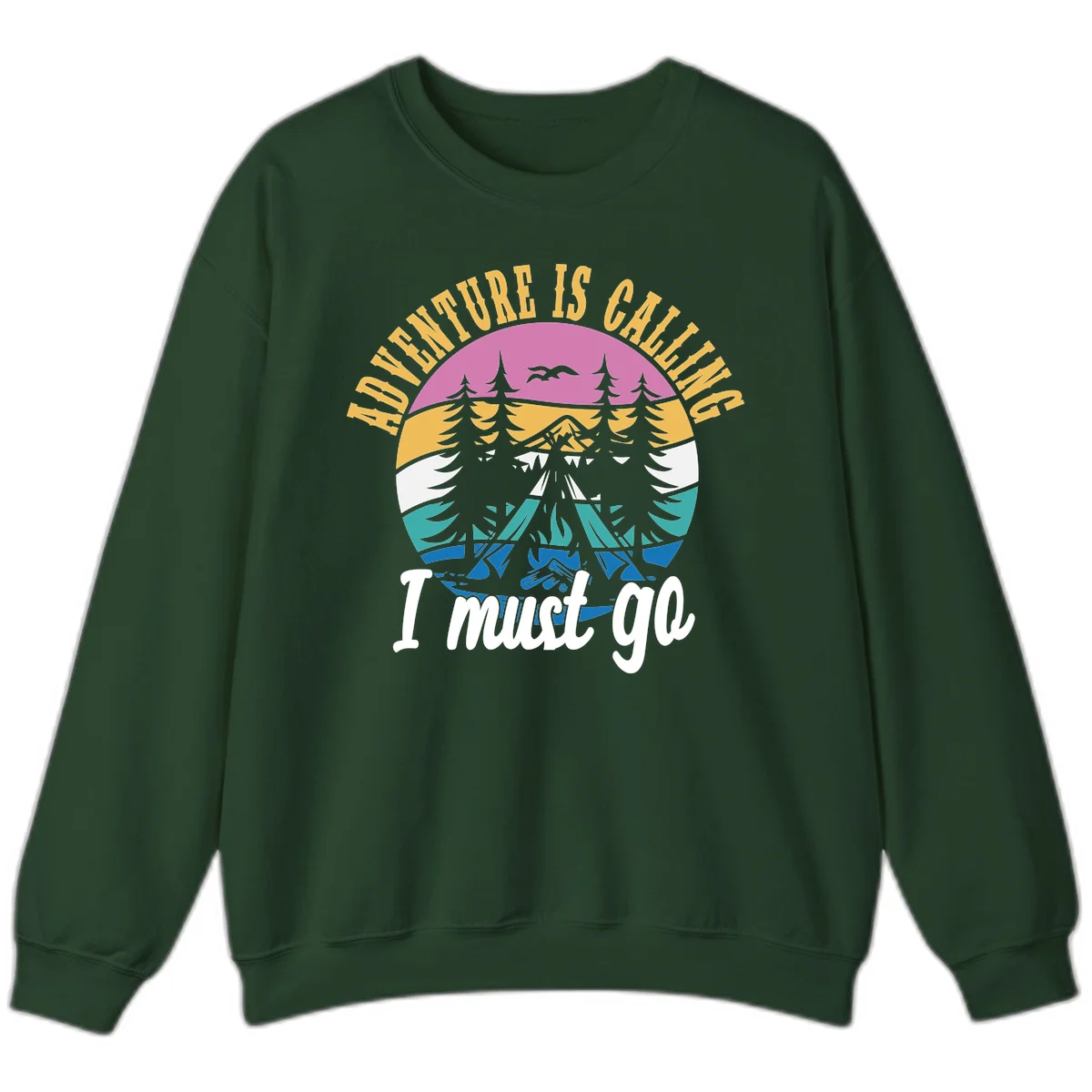 Circular badge with mountain landscape, evergreen trees, and flying birds in pink, gold, white, teal and blue with text 'Adventure Is Calling I Must Go' in Forest Green