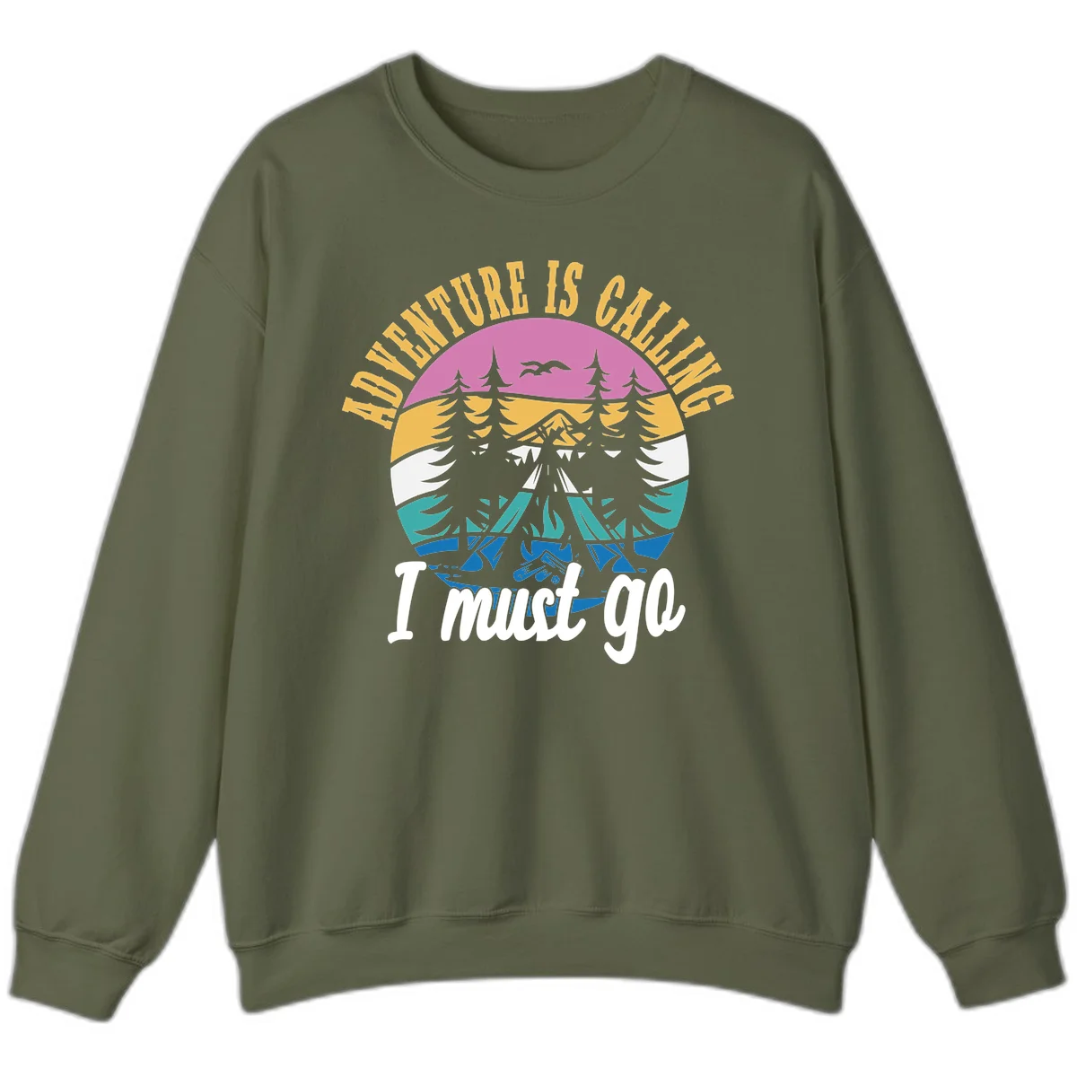 Circular badge with mountain landscape, evergreen trees, and flying birds in pink, gold, white, teal and blue with text 'Adventure Is Calling I Must Go' in Military Green
