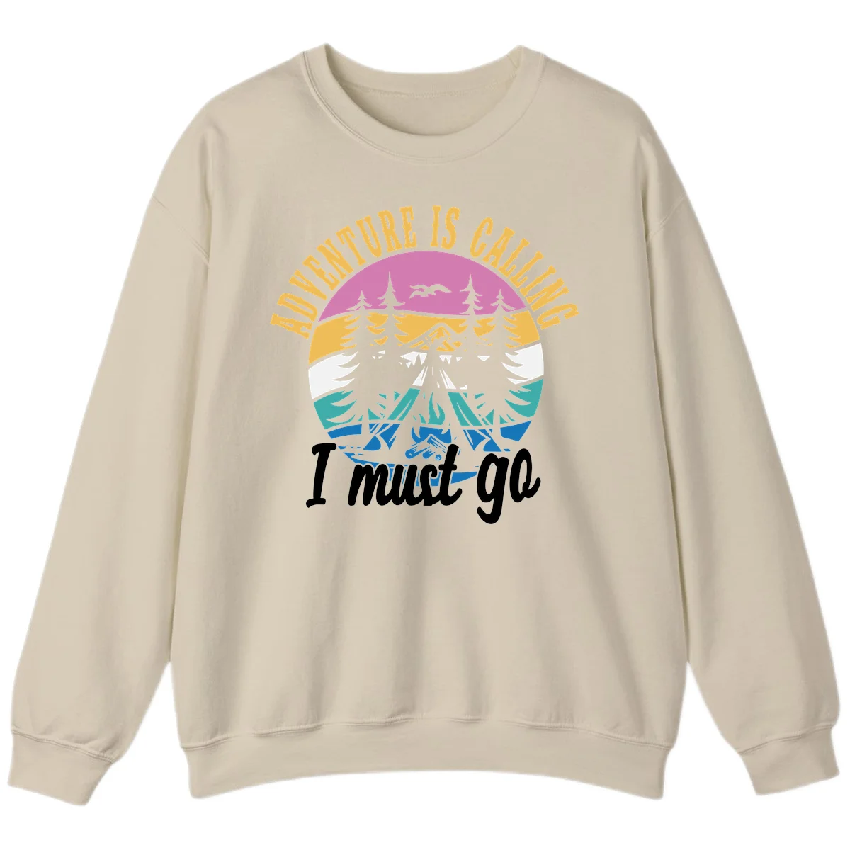 Circular badge with mountain landscape, evergreen trees, and flying birds in pink, gold, white, teal and blue with text 'Adventure Is Calling I Must Go' in Sand