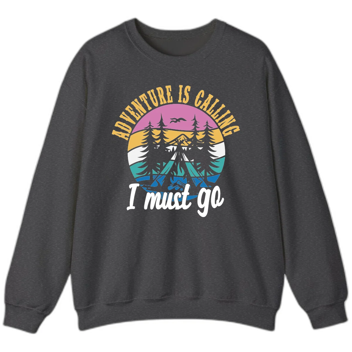 Circular badge with mountain landscape, evergreen trees, and flying birds in pink, gold, white, teal and blue with text 'Adventure Is Calling I Must Go' in Dark Heather