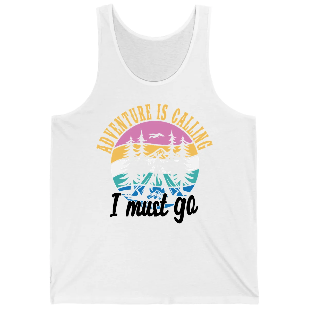 Circular badge with mountain landscape, evergreen trees, and flying birds in pink, gold, white, teal and blue with text 'Adventure Is Calling I Must Go' in White