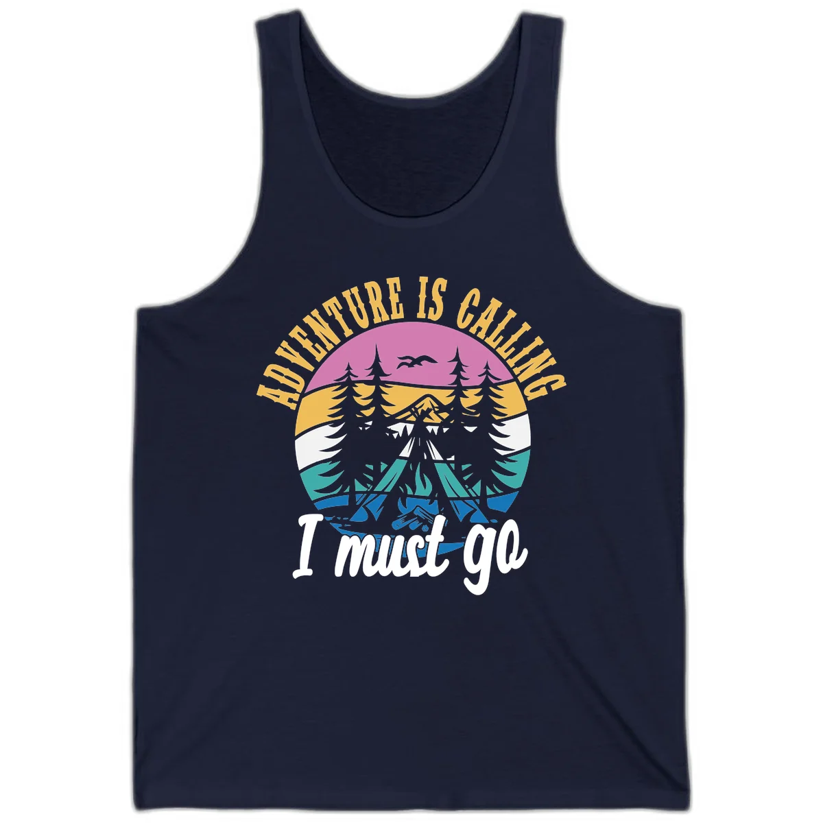 Circular badge with mountain landscape, evergreen trees, and flying birds in pink, gold, white, teal and blue with text 'Adventure Is Calling I Must Go' in Navy