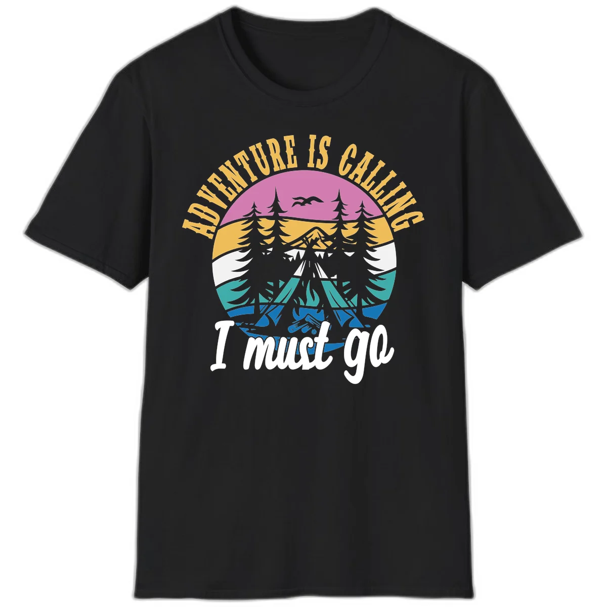 Circular badge with mountain landscape, evergreen trees, and flying birds in pink, gold, white, teal and blue with text 'Adventure Is Calling I Must Go' in Black