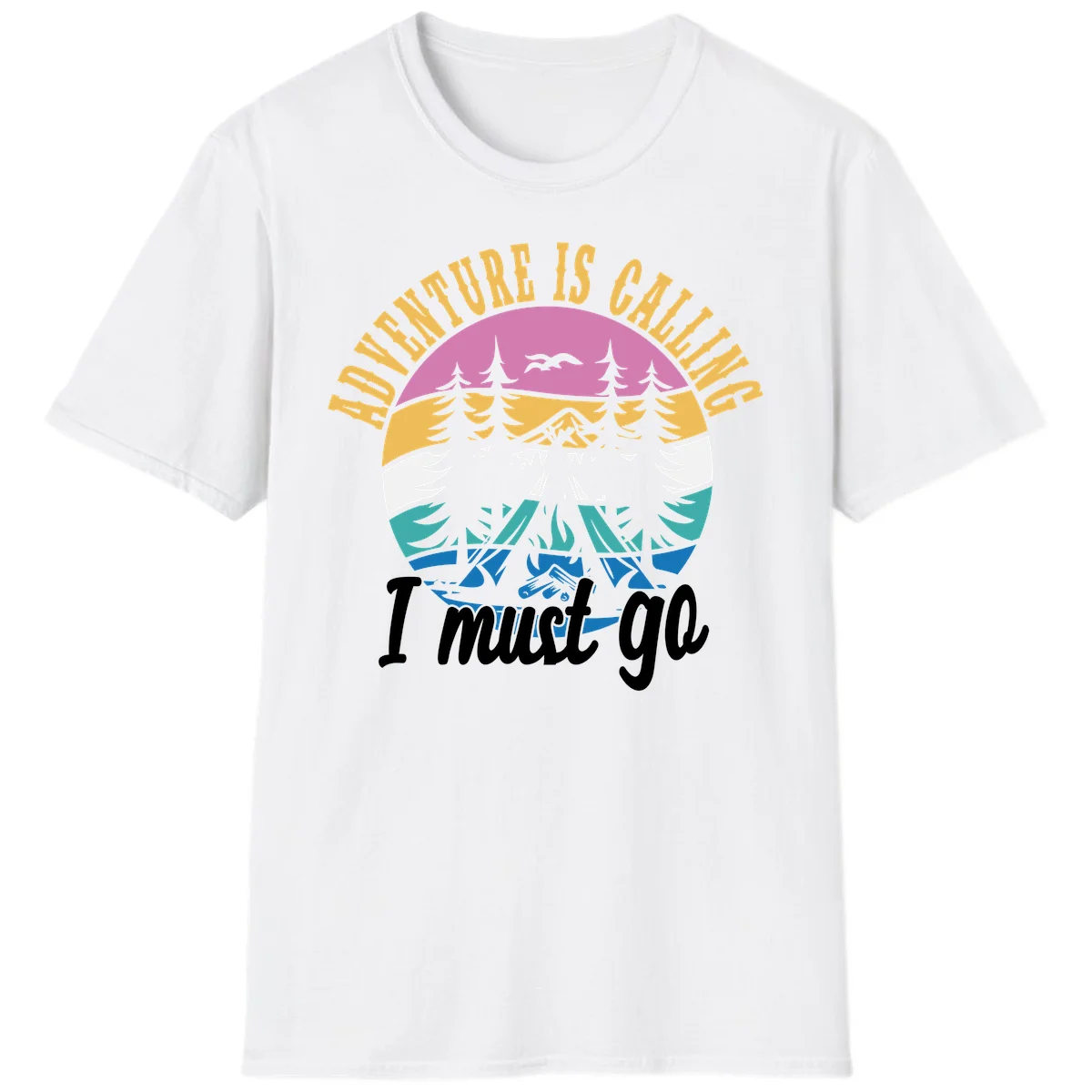 Circular badge with mountain landscape, evergreen trees, and flying birds in pink, gold, white, teal and blue with text 'Adventure Is Calling I Must Go' in White