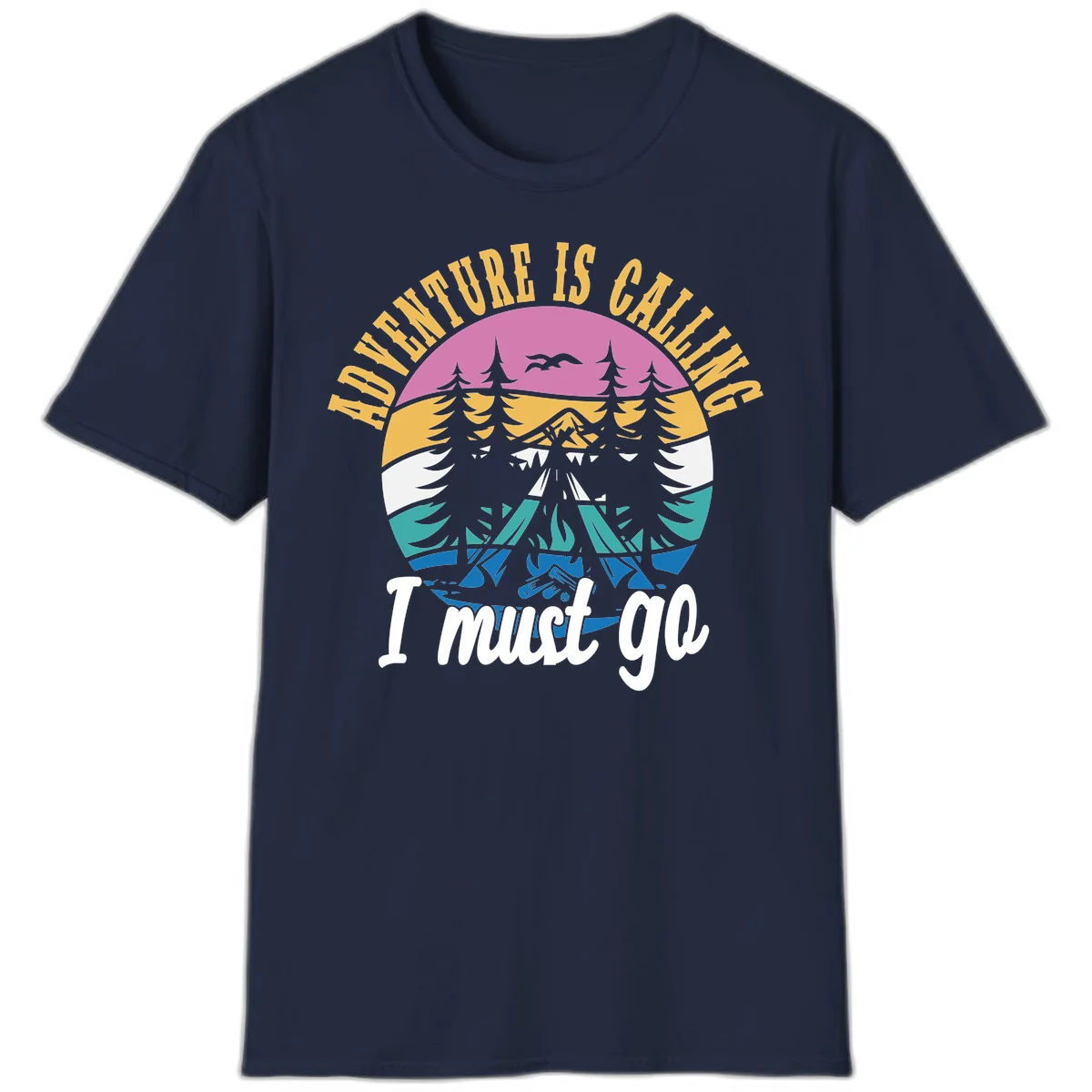 Circular badge with mountain landscape, evergreen trees, and flying birds in pink, gold, white, teal and blue with text 'Adventure Is Calling I Must Go' in Navy