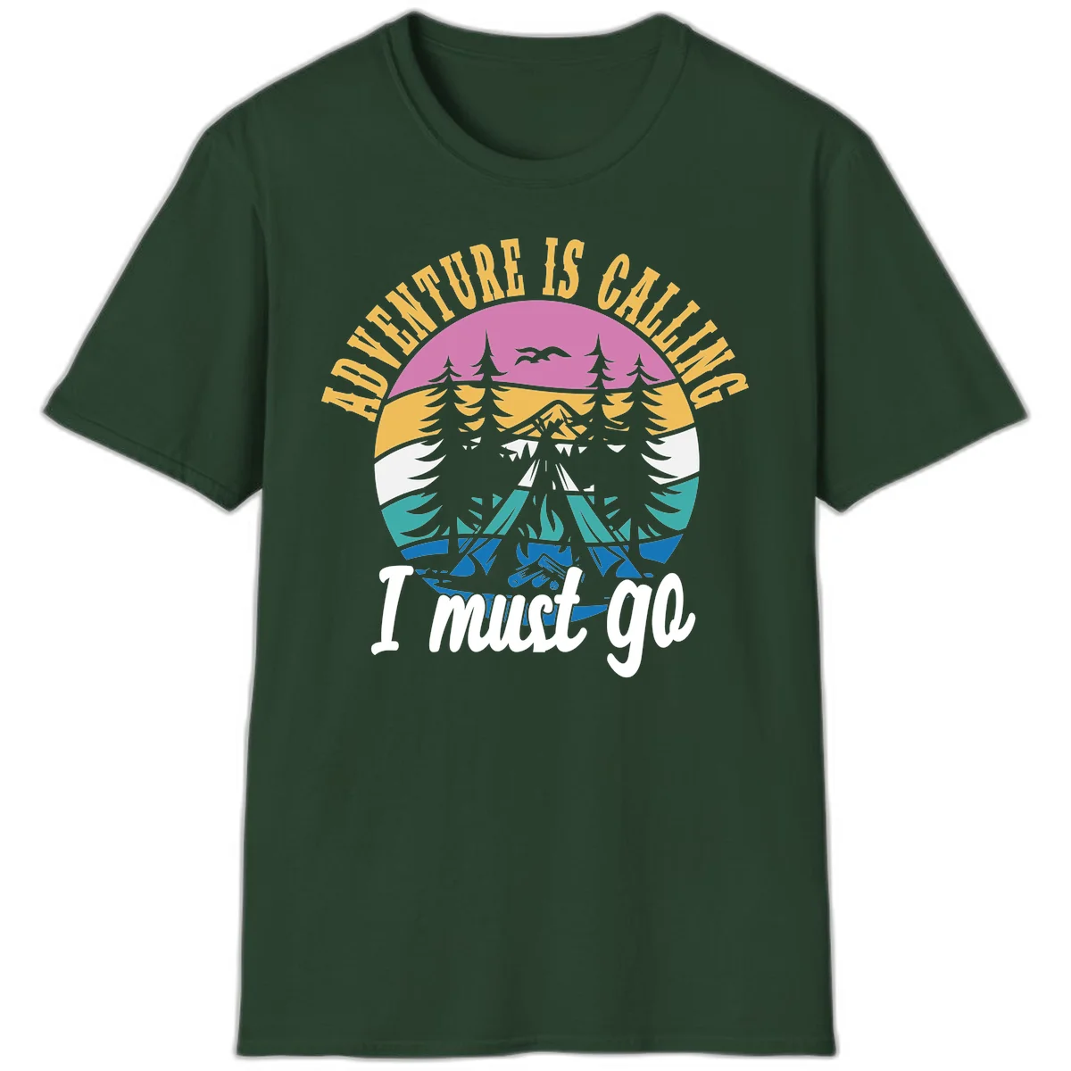 Circular badge with mountain landscape, evergreen trees, and flying birds in pink, gold, white, teal and blue with text 'Adventure Is Calling I Must Go' in Forest Green