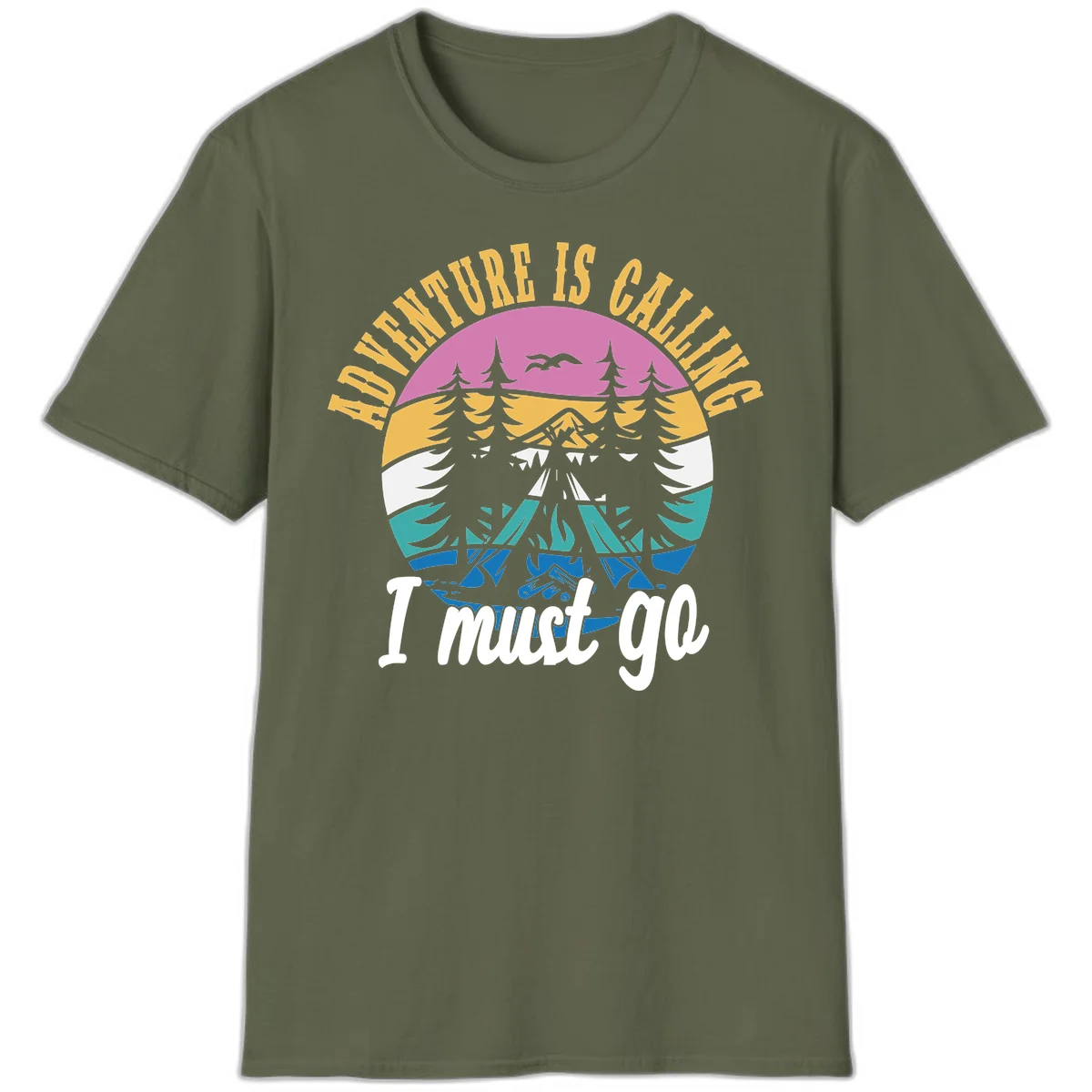 Circular badge with mountain landscape, evergreen trees, and flying birds in pink, gold, white, teal and blue with text 'Adventure Is Calling I Must Go' in Military Green