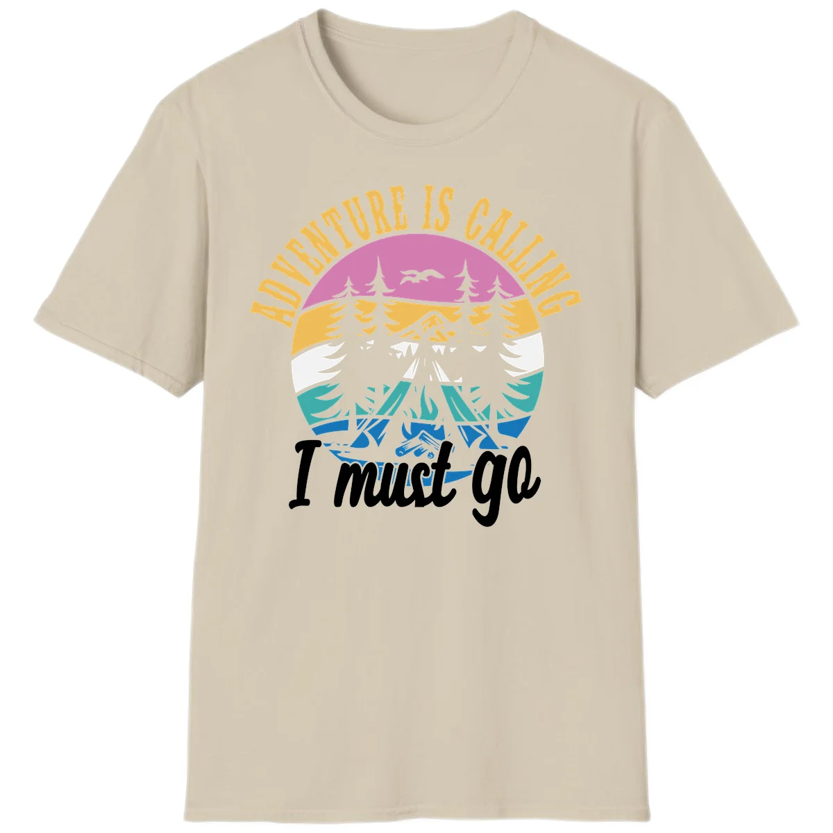 Circular badge with mountain landscape, evergreen trees, and flying birds in pink, gold, white, teal and blue with text 'Adventure Is Calling I Must Go' in Sand