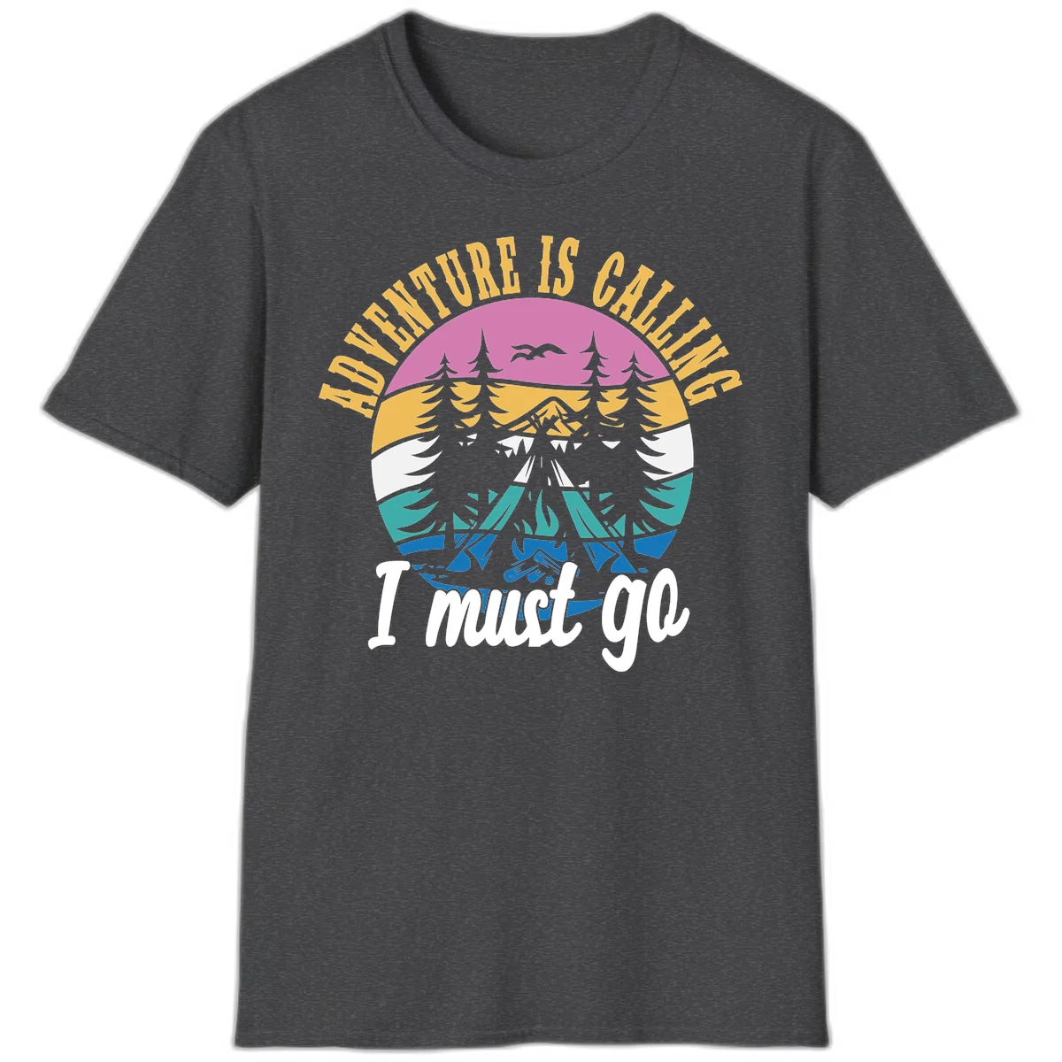 Circular badge with mountain landscape, evergreen trees, and flying birds in pink, gold, white, teal and blue with text 'Adventure Is Calling I Must Go' in Dark Heather