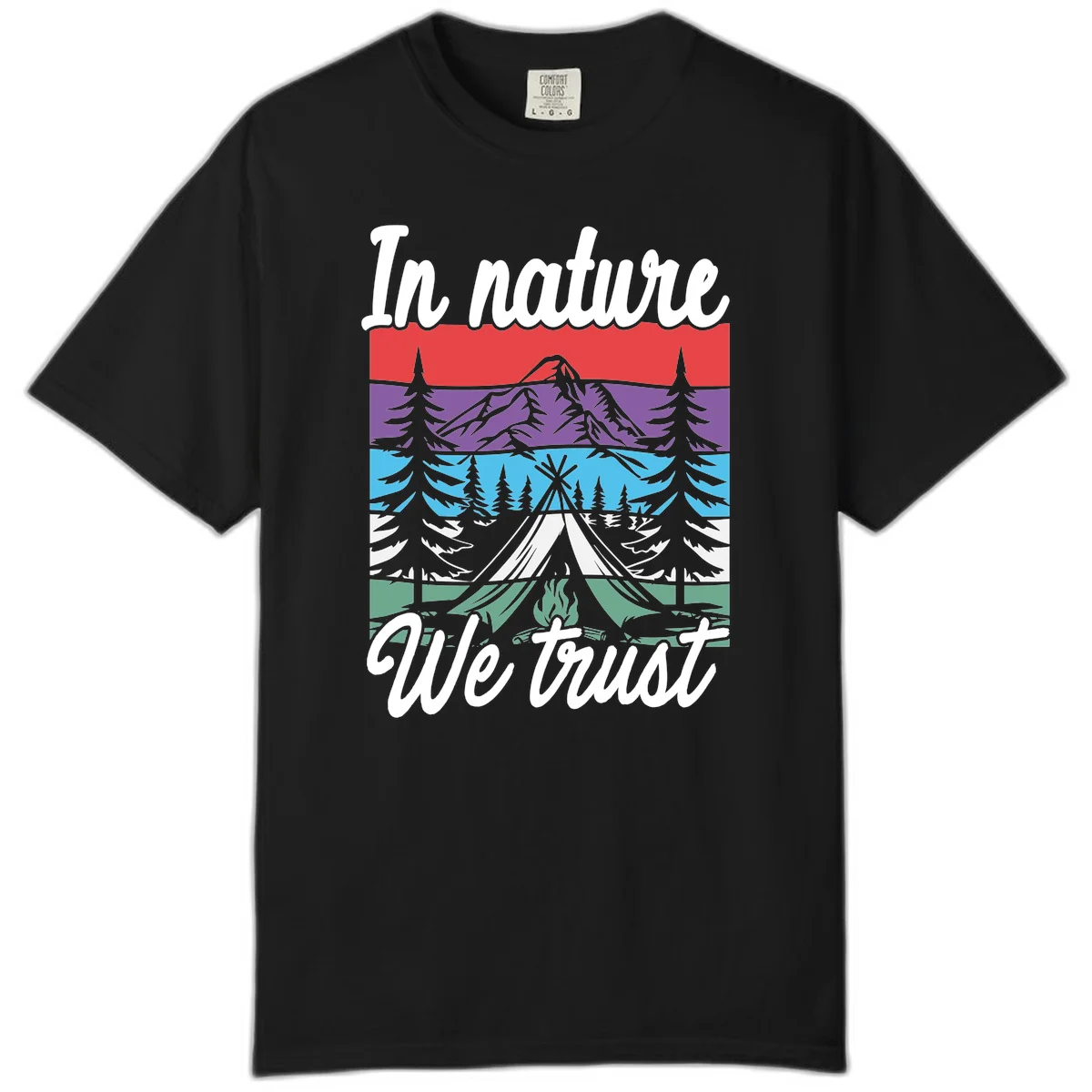 Layered landscape illustration with tent, campfire, mountains and forest trees across color bands with 'In nature We trust' text. in Black