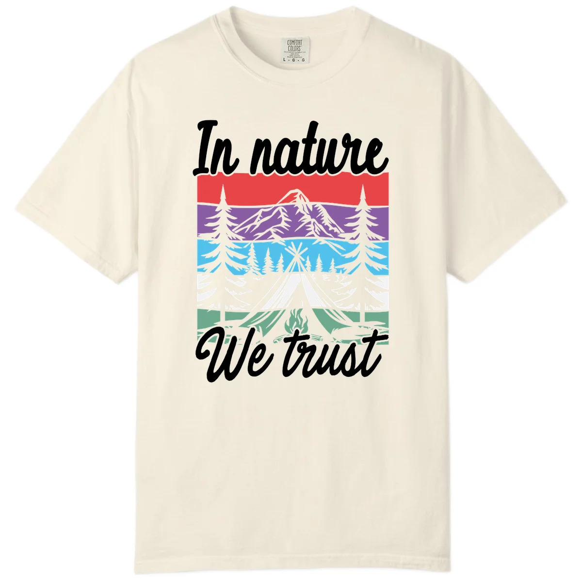 Layered landscape illustration with tent, campfire, mountains and forest trees across color bands with 'In nature We trust' text. in Ivory