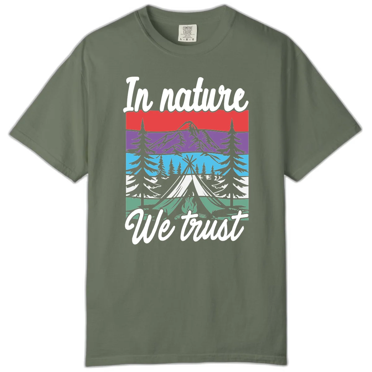 Layered landscape illustration with tent, campfire, mountains and forest trees across color bands with 'In nature We trust' text. in Moss