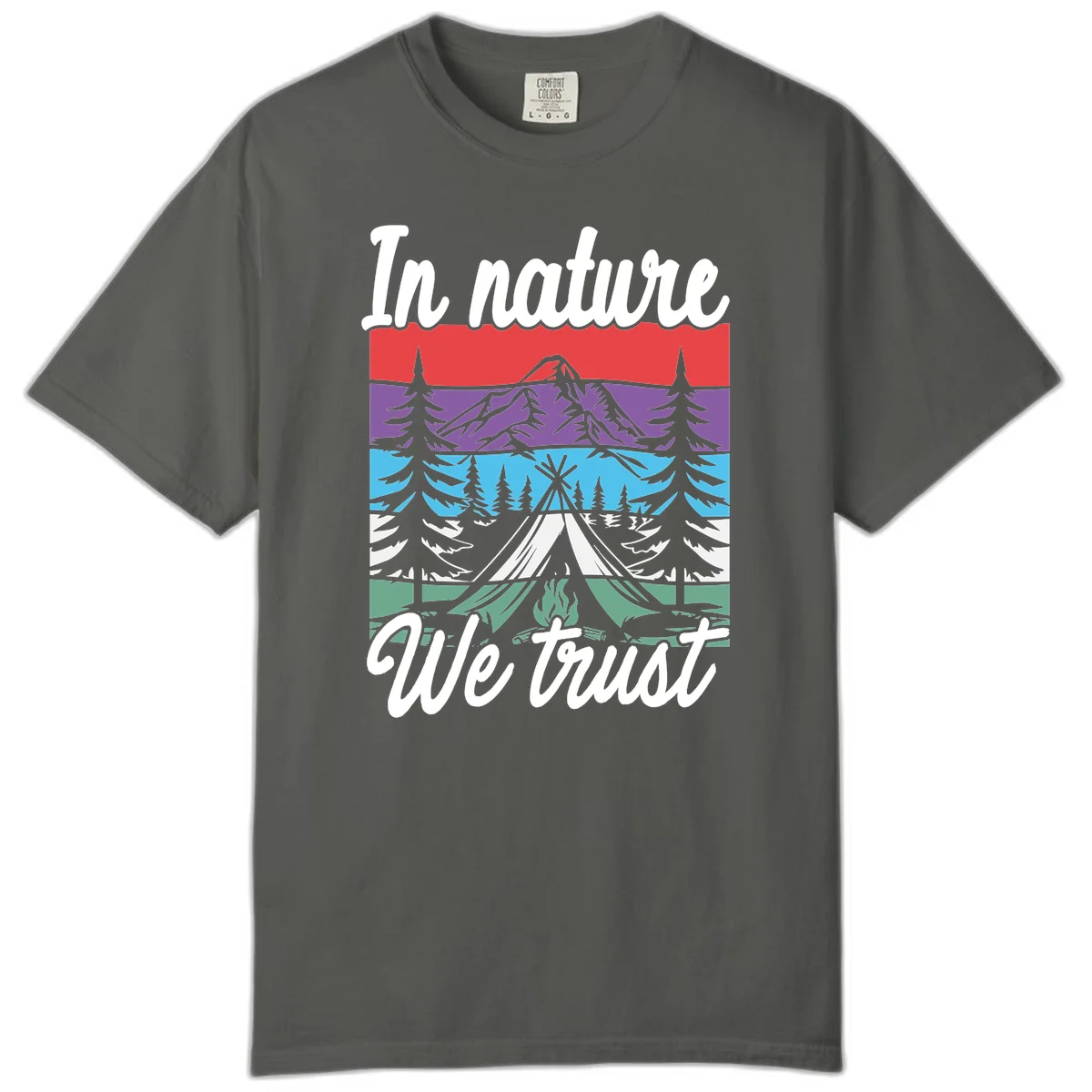 Layered landscape illustration with tent, campfire, mountains and forest trees across color bands with 'In nature We trust' text. in Pepper