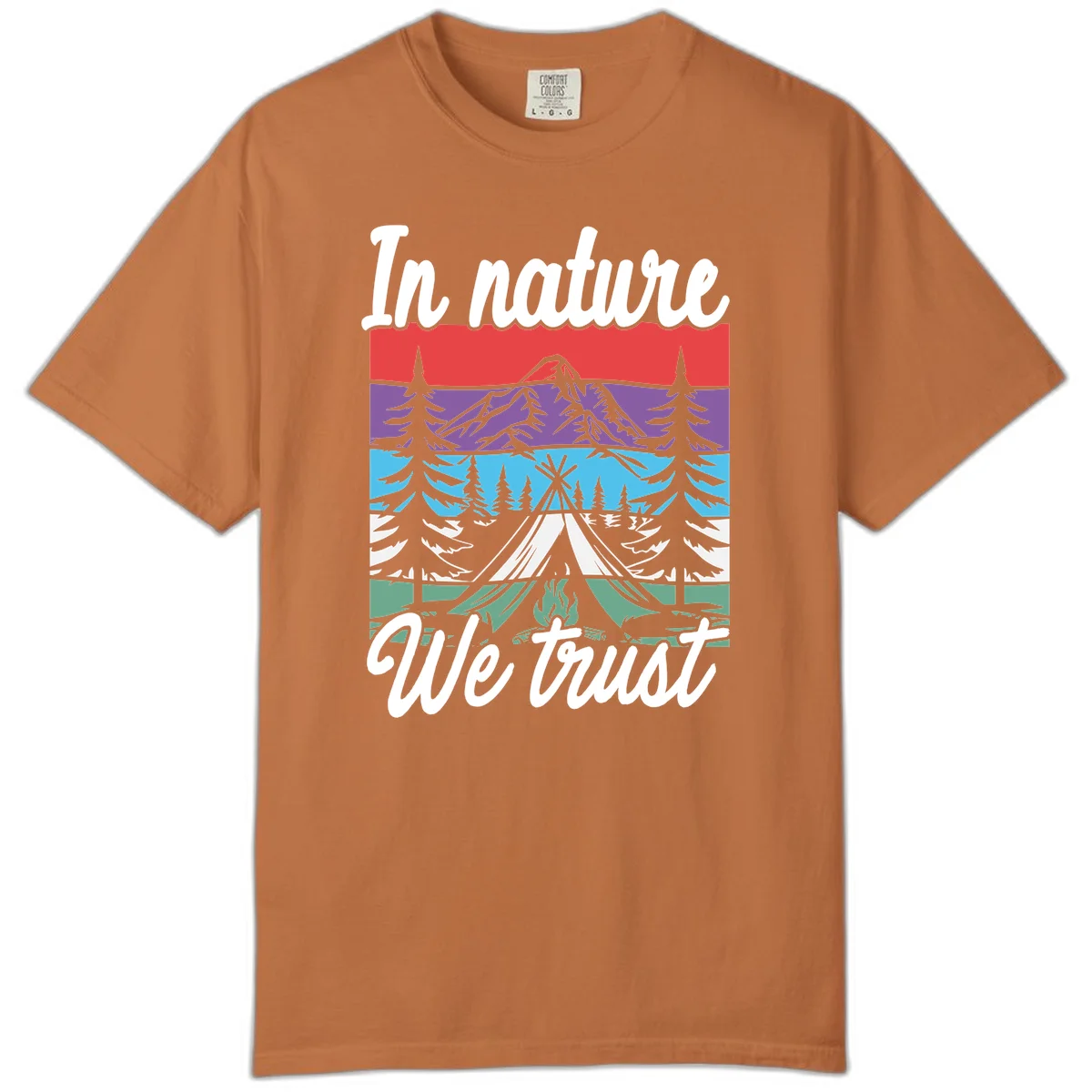 Layered landscape illustration with tent, campfire, mountains and forest trees across color bands with 'In nature We trust' text. in Yam