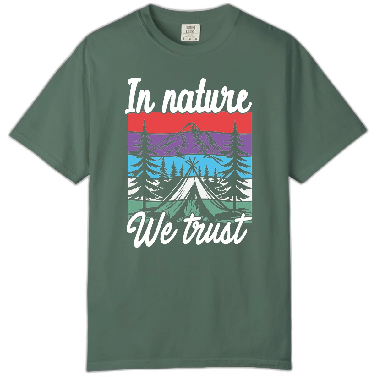 Layered landscape illustration with tent, campfire, mountains and forest trees across color bands with 'In nature We trust' text. in Blue Spruce