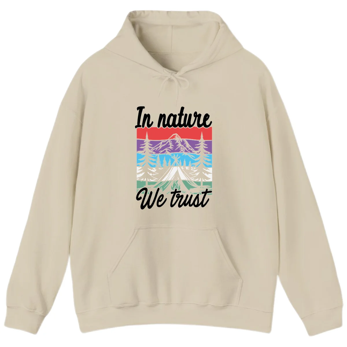 Layered landscape illustration with tent, campfire, mountains and forest trees across color bands with 'In nature We trust' text. in Sand